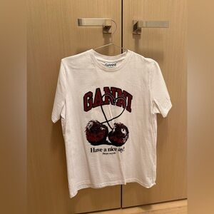 Ganni White Tee with Red Cherry Graphic
